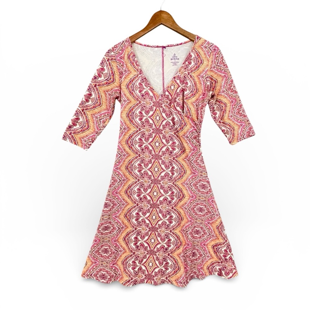 Prana Nadia Veeda Faux Wrap Dress Small Mod Floral Print Hidden Pocket